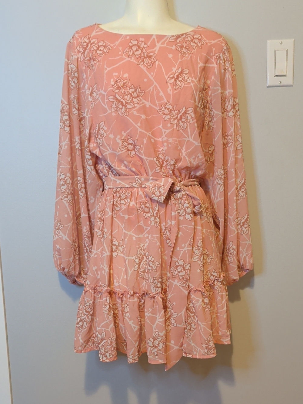 Flying Tomato Blush Pink Floral Tie-Waist Long Sleeve Dress